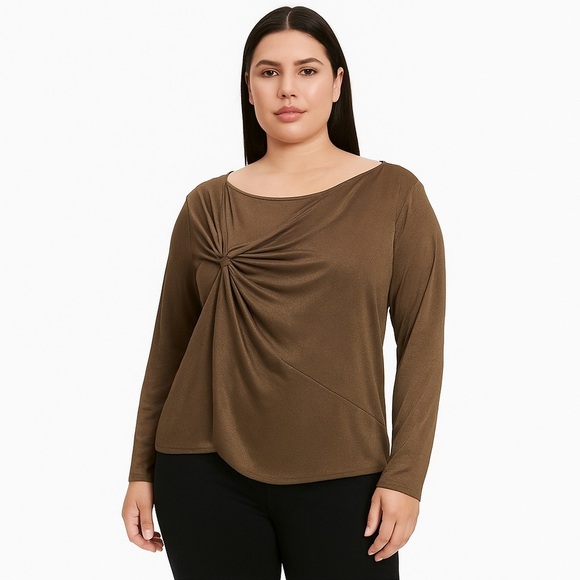 NWT Good American Long Sleeve Front Knot Blouse Shirt Mocha Brown Sz 5 (2X) - Picture 1 of 7